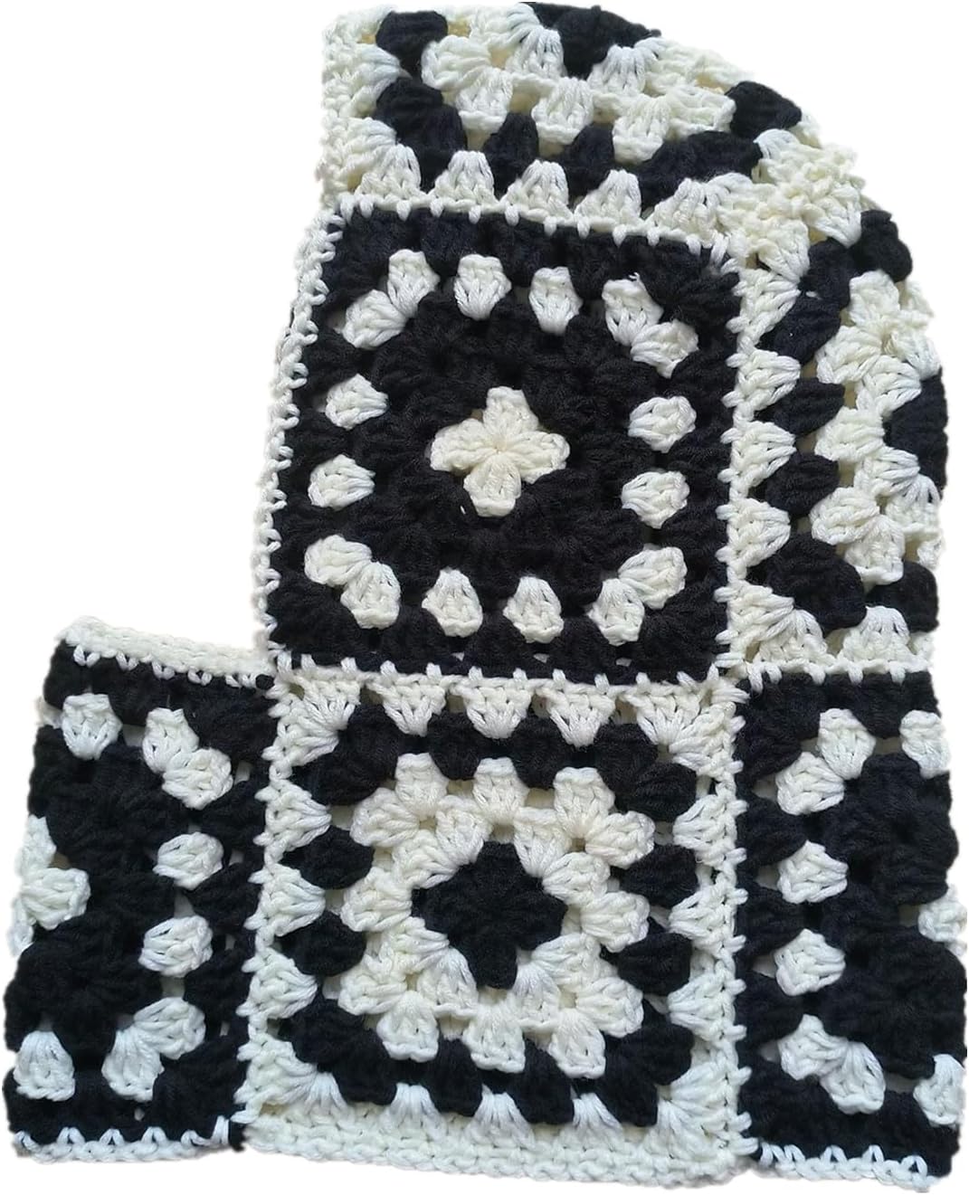 かぎ針編みグラニースクエアバラクラバフェイスレディースボーホーチェックニットパーカーハット(正方形、黒と白)