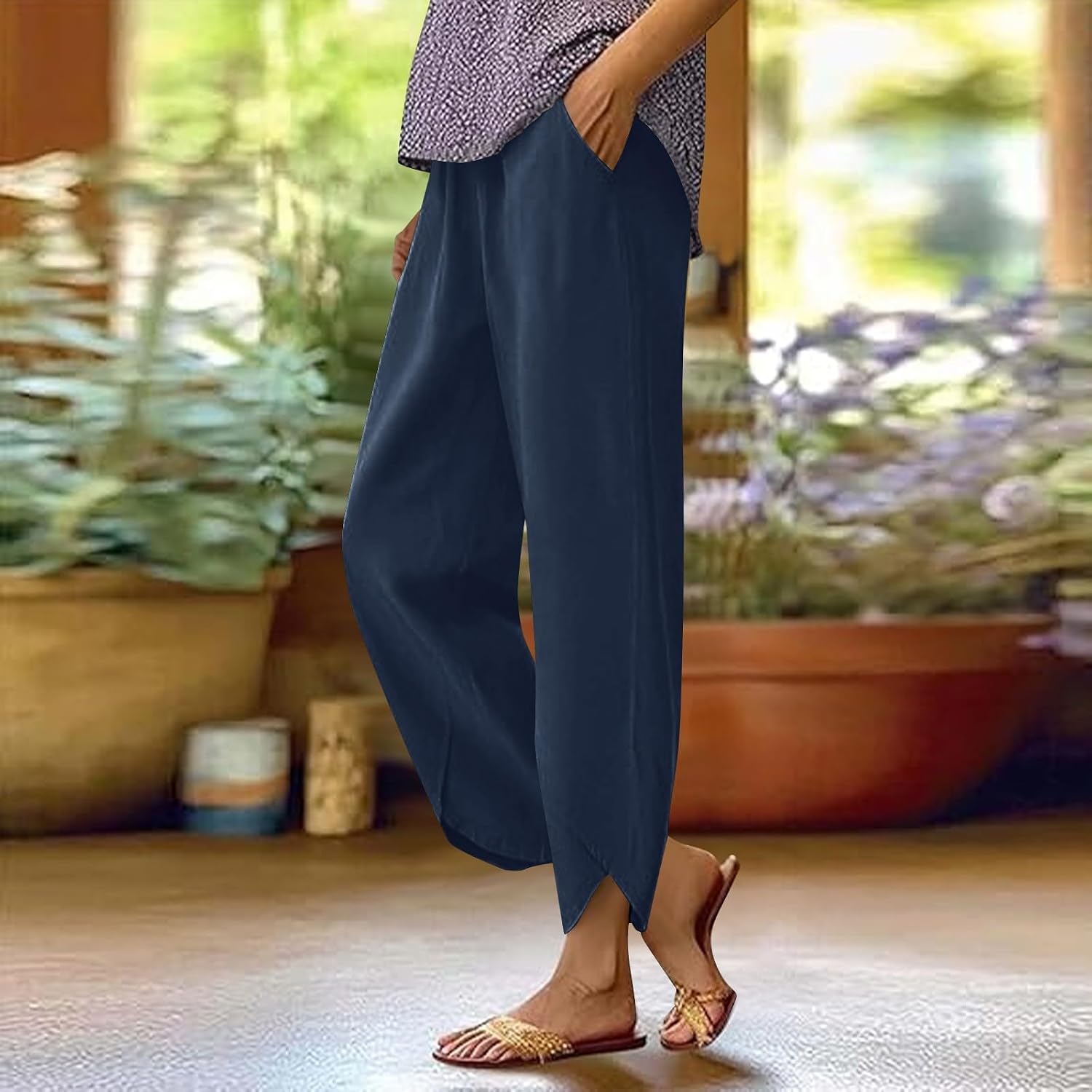 Linen Pants for Women Summer Elastic High Waist Split Hem Pants Casual Loose Fit Drawstring Trousers with Pocket