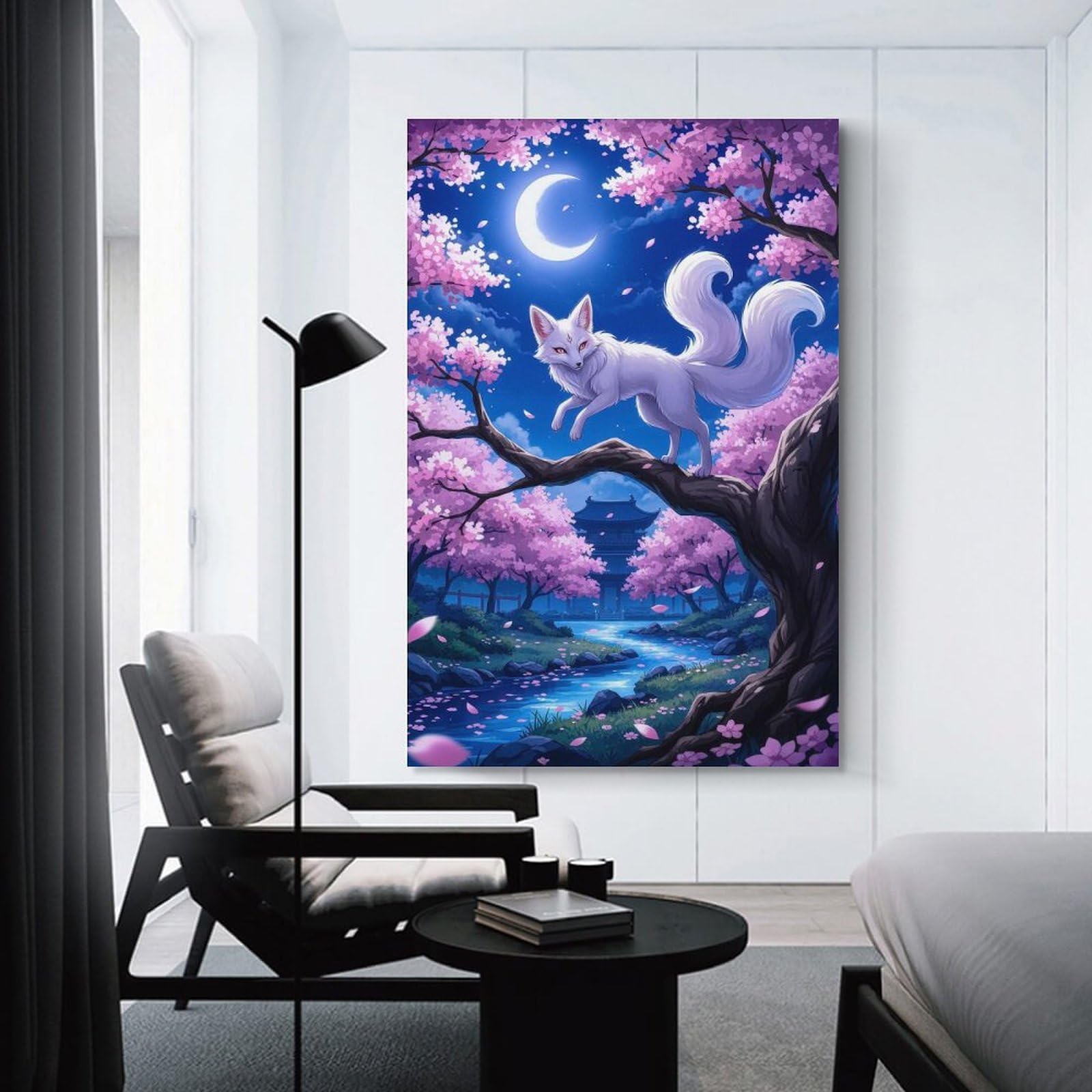 Junmoney Nine-tailed Fox in Blossom Canvas Wall Picture, 20x30inch(50x75cm), for Study, Office Or Focused Interiors, Home Office Artwork with Decorative Appeal