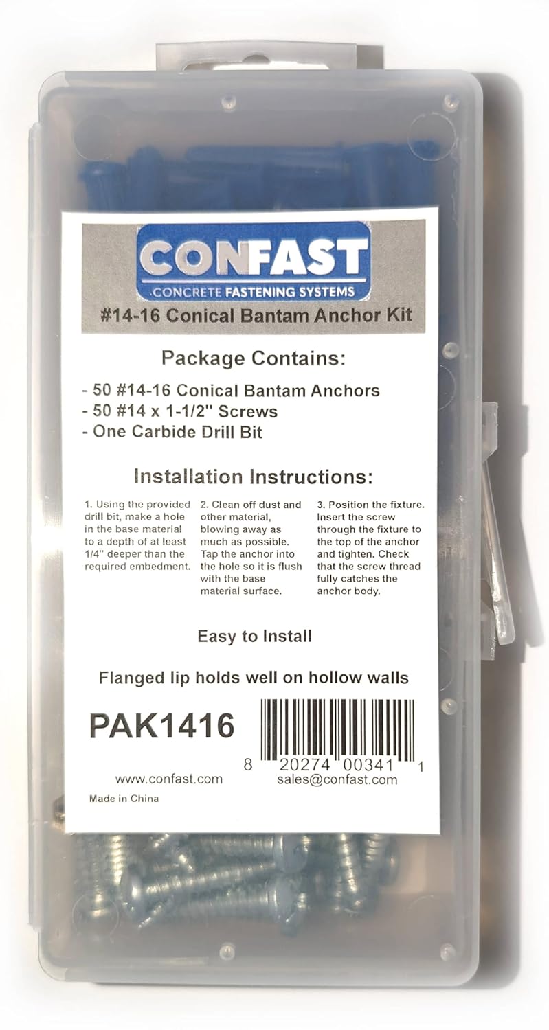 CONFAST® #14-16 Plastic Conical Blue Bantam Drywall Wall Anchor Kit PAK1416, Includes (50) Anchors, (50) Screws and (1) Drill bit (101 Pieces)