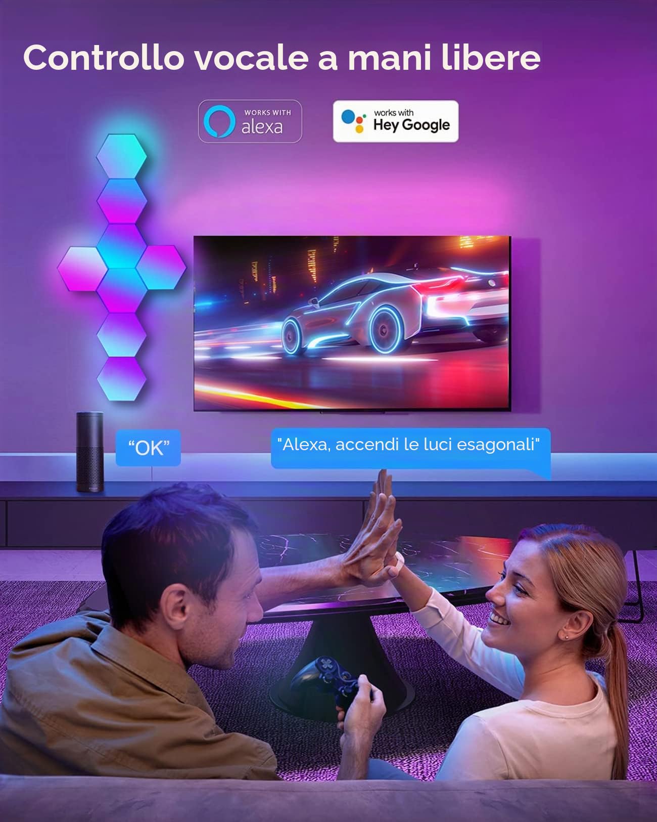 Pannelli LED Gaming RGBIC, Applique LED da Parete Casa Smart Funziona con Alexa e Google Assistant, Lampada Gaming LED Esagonali da Muro Controllo Vocale e App, Sincronizza con la Musica,10 Pannelli