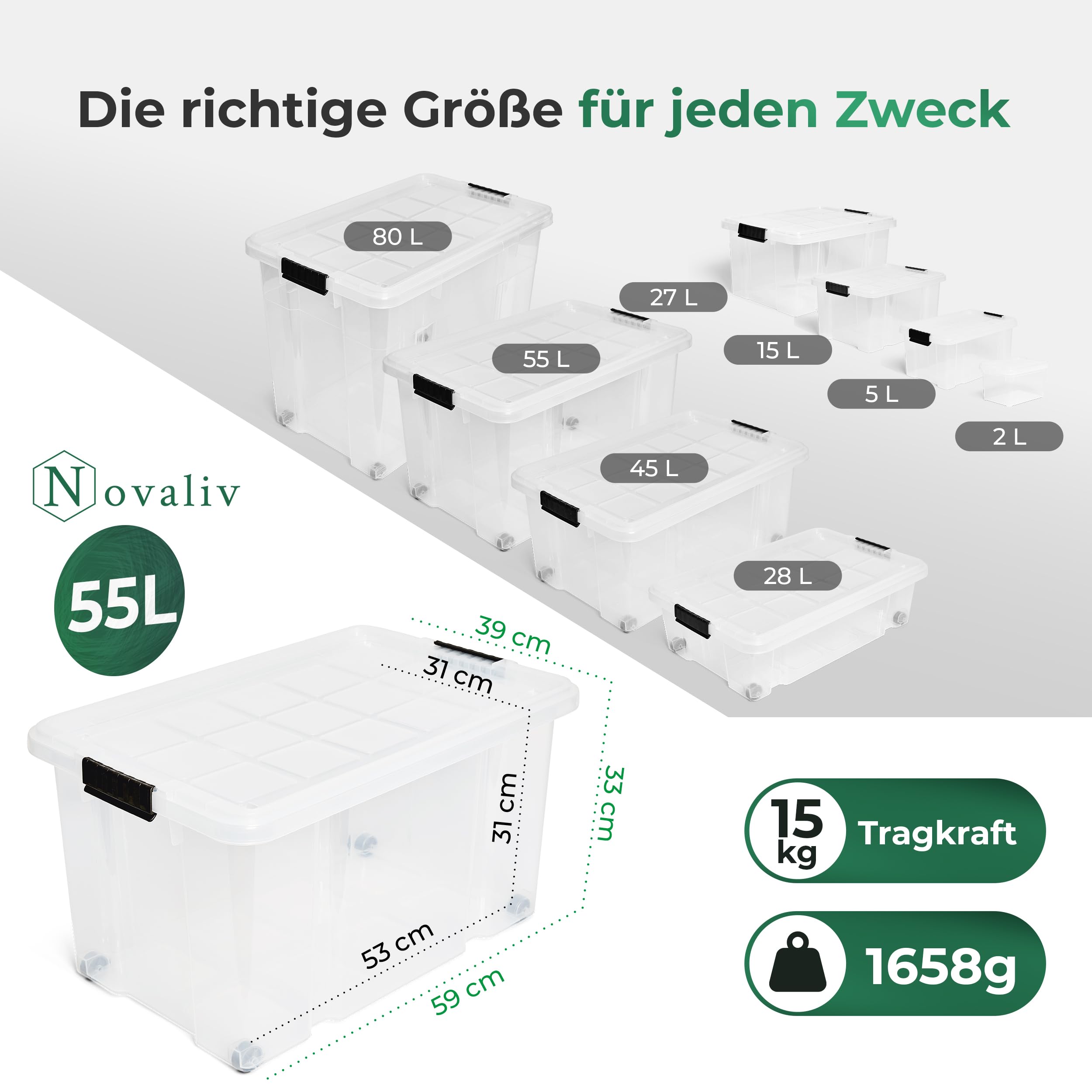 Novaliv 6x Aufbewahrungsboxen mit Deckel Groß 55L transparente Nestbar stapelbar mit Clipverschluss Rollboxen Kunststoff BPA-frei 61x40x32,5 cm
