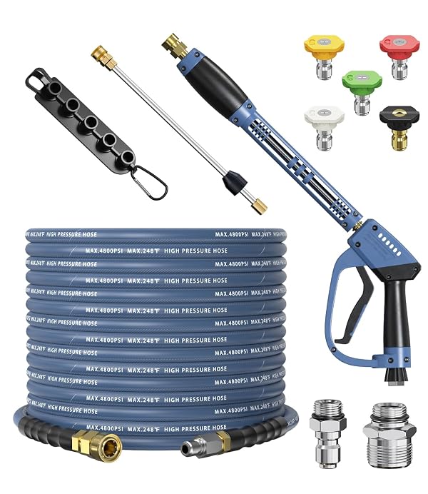 CADEGUO 5000PSI Pressure Washer Gun and Hose Kit, 50FT Kink Resistant Steel Braided Power Washer Hose with 3/8" Swivel Quick Connector and M22 14mm Adapters Replacement/30 Extension Washer Wand by CADEGUO - Used condition - CA$90.24