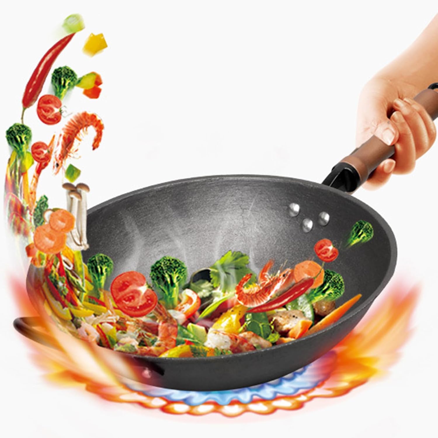 Cast Iron Wok Pan, Stainless Steel Wok Pan, Large Wok Pan with Lid Wok Pan Cast Iron, for Induction, Electric, Gas Stove, All Stoves