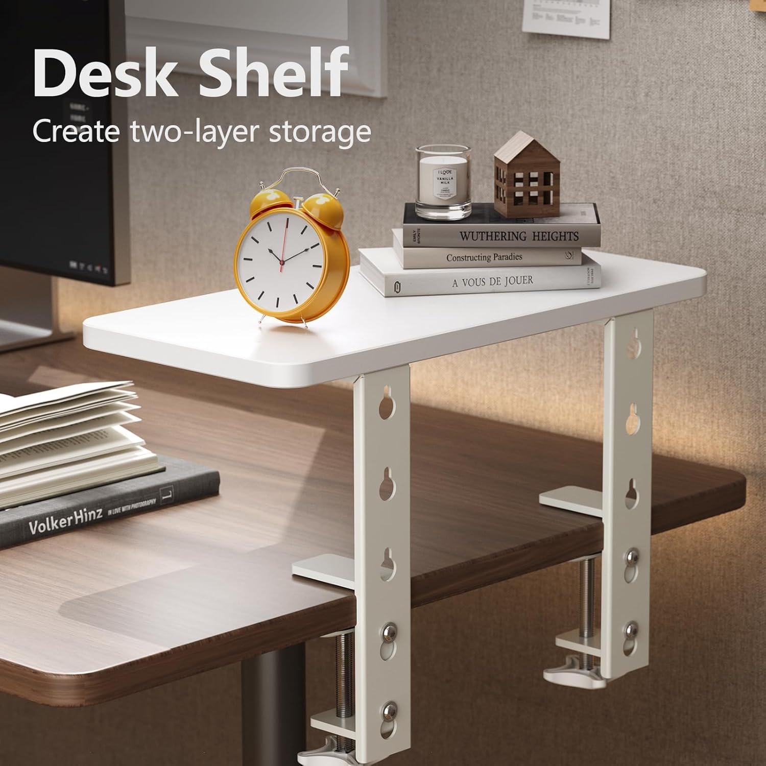 3 in 1 Clamp-on 15.7"×7.5" Desk Extender, Heavy-Duty Side/Top Desk Organizer Shelf, Adjustable Desktop Storage for Office Accessories, Monitor and Laptop Riser, White