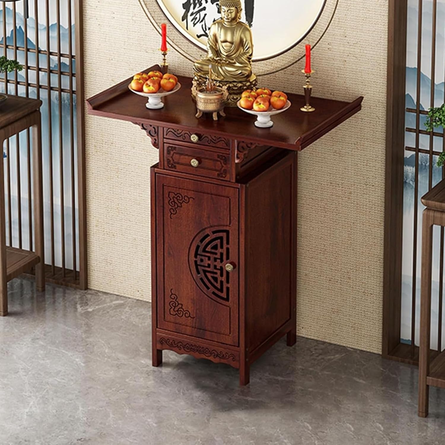Shrine Altar Table with Drawer, Buddhist Meditation Table with Shelf, Chinese Personal Shrine Stand Cabinet for Home Family or Temple Display(66cm/26in)