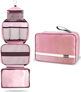 Toiletry Bag for Women, Large Hanging Toiletry Bag with 4 Compartments, Foldable Travel Toiletry Bag for Business Trip, Vacation, Waterproof Bathroom for Wash Bag & Shower Bag （Pink）