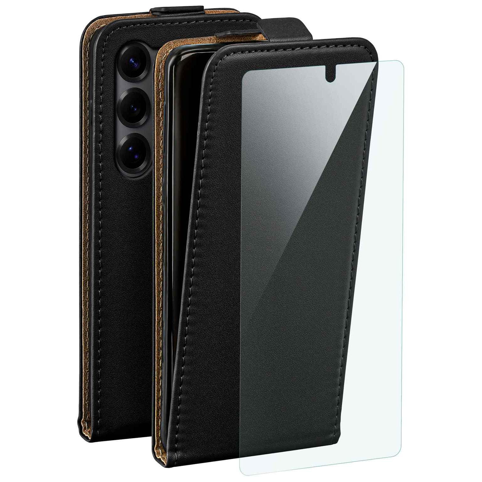moex Custodia 4 in 1 per Samsung Galaxy S25 Ultra con 3 pellicole protettive, protezione completa a 360°, flip case + pellicola FlexProtect, in pelle PU, nero