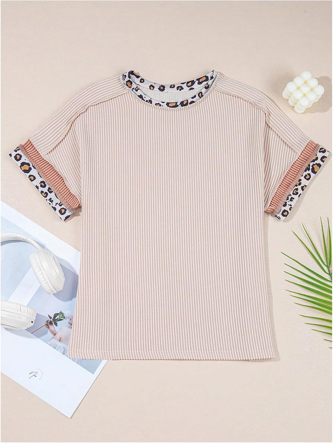 Women's Leopard Short Sleeve T Shirts Crew Neck Ribbed Knit Casual Tee Tops - Image 5