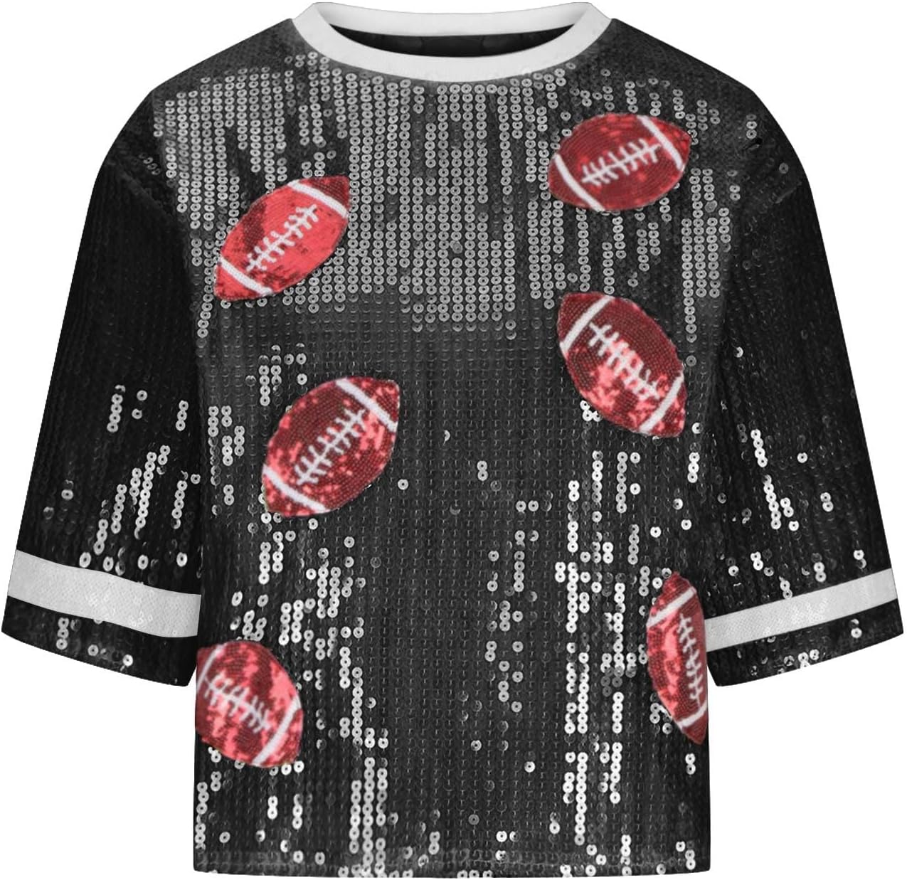 Women Football Sequin Tops Crewneck Rugby Football Sparkle Tees Short Sleeve Graphic Glitter Shirts Blouses Partywear