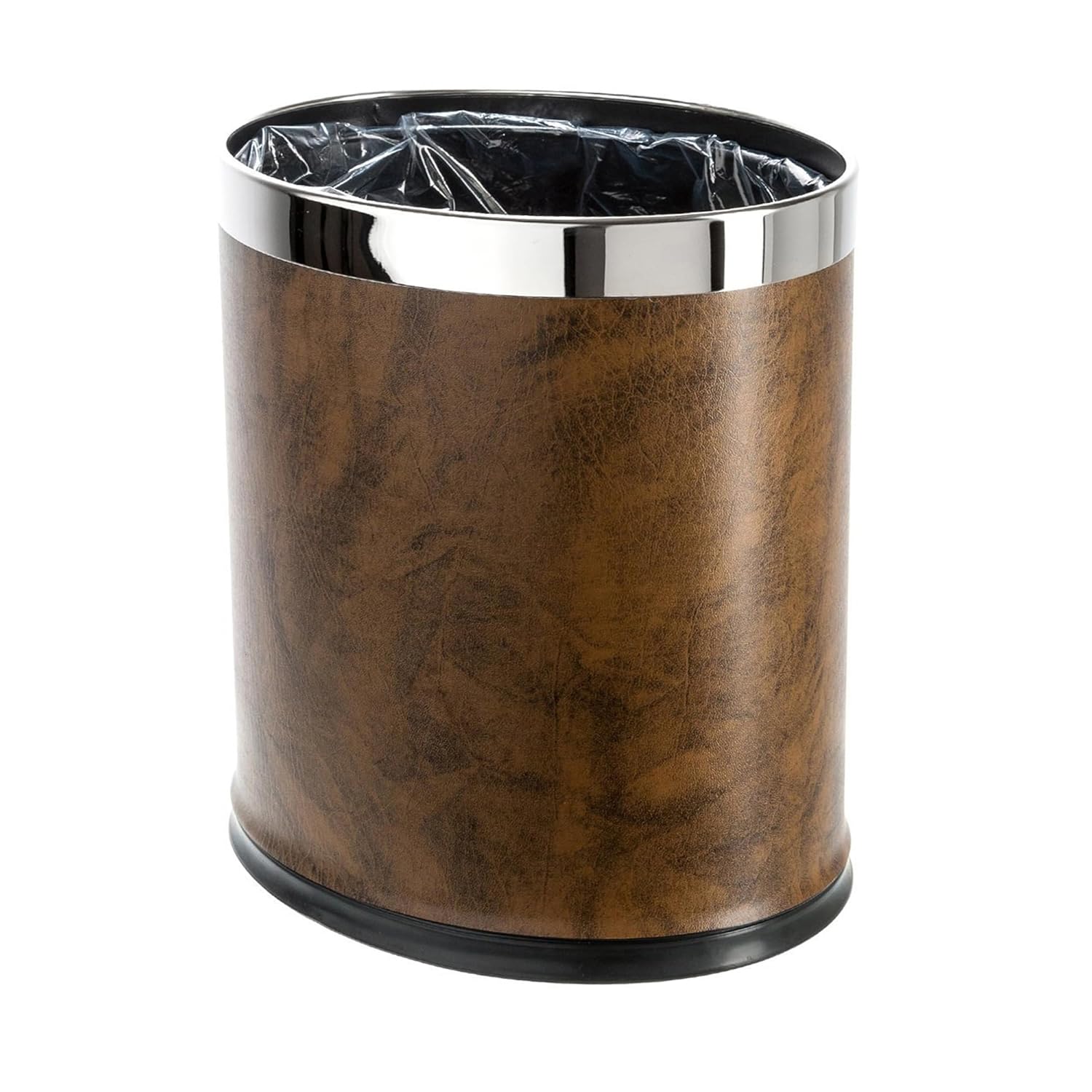 Invisi-Overlap Open Top Leatherette Trash Can Small Office Wastebasket Modern Home D cor Oval Shape Brown