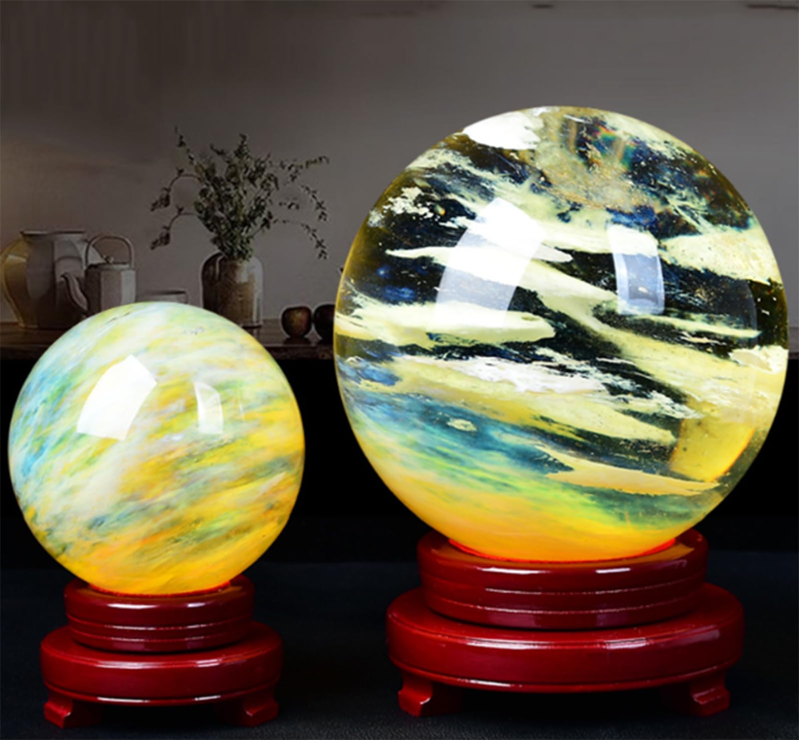 Bola de Cristal de Cuarzo Fundido Amarillo con Soporte de Madera Para Meditación, Esfera de Orbe de Cristal Pulido Natural Para Feng Shui, Adivinación, Magia, Decoración Del Hogar,150mm/5.9in