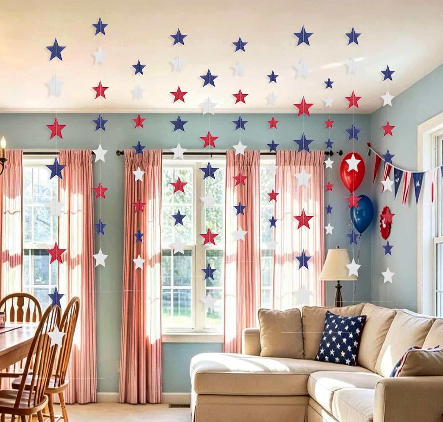 8 Pack Strands Total 52.5Ft Patriotic Star Streamers Banner- Paper Garland Banner Red White Blue Hanging Stars Decorations for 4th of July, Memorial Day, Veterans Day Party, Independence Day