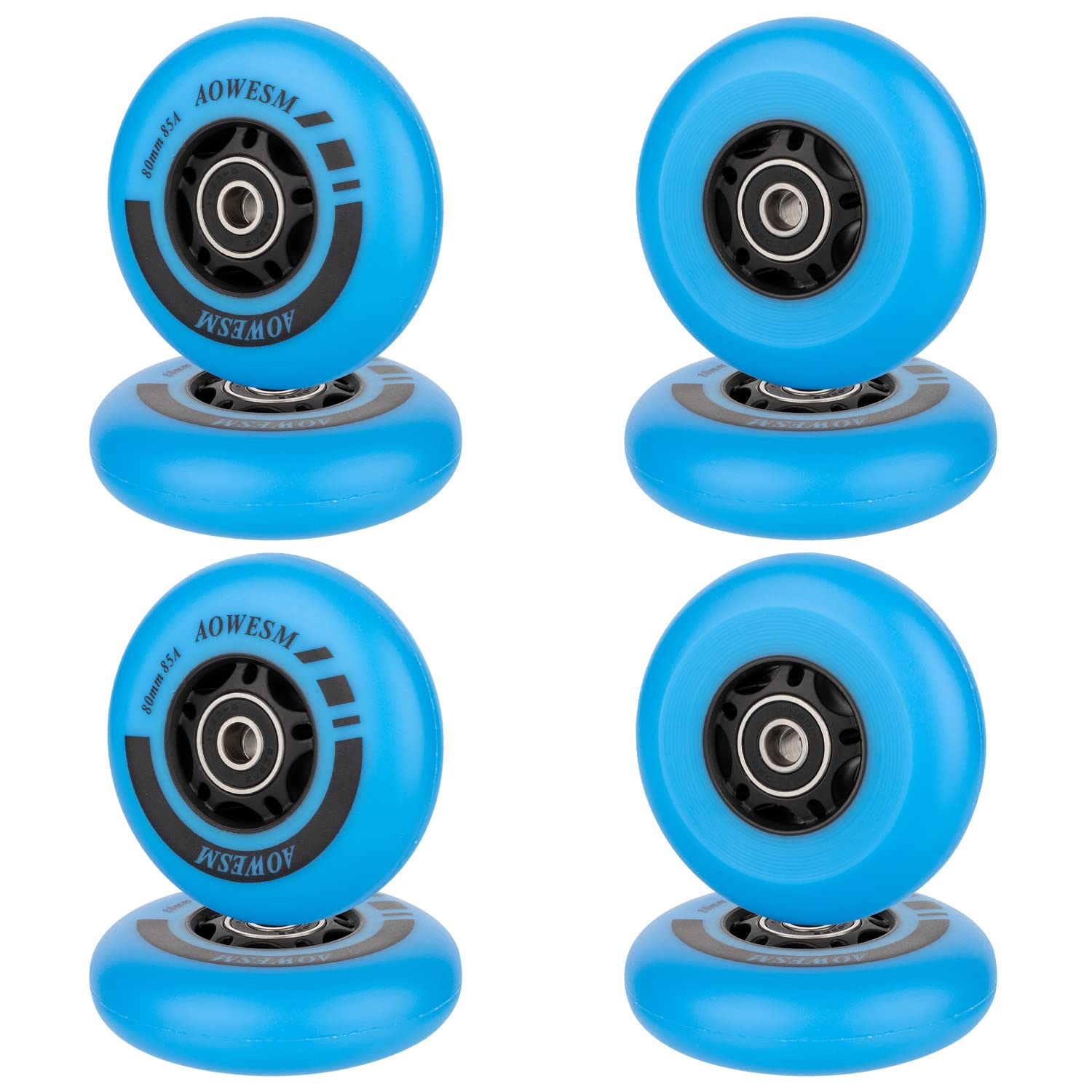 AOWESM Inline Skate Wheels 80mm 76mm 72mm 85a Outdoor Indoor Black Blue Red Roller Hockey Blades Replacement Wheels w/Bearings ABEC-9 and Floating Spacers (8-Pack) (Blue, 80mm)