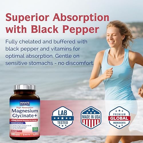 Vista 5 de Innate Vitality Complejo de glicinato de magnesio, 420 mg de magnesio elemental por porción, absorción mejorada, pimienta negra, vitamina D3 y B6