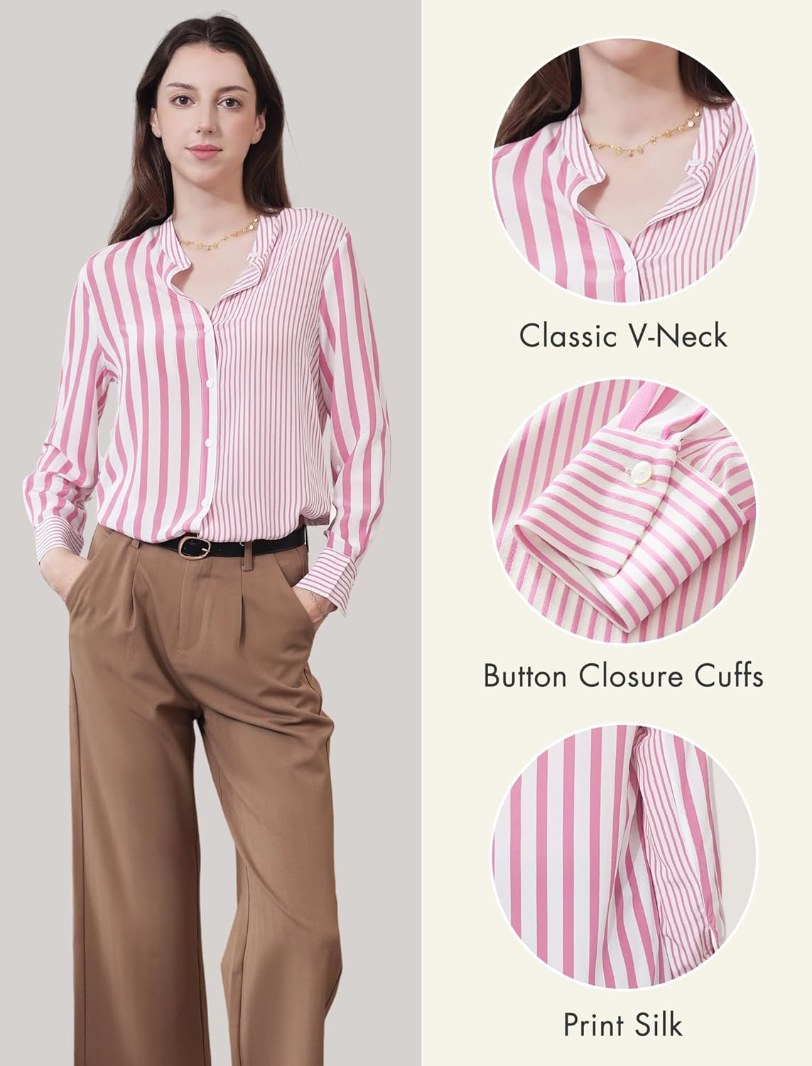 COLD POSH 100% Pure Mulberry Silk Blouse for Women Long Sleeve Button Down Stripe Shirt for Spring/Summer - Image 3
