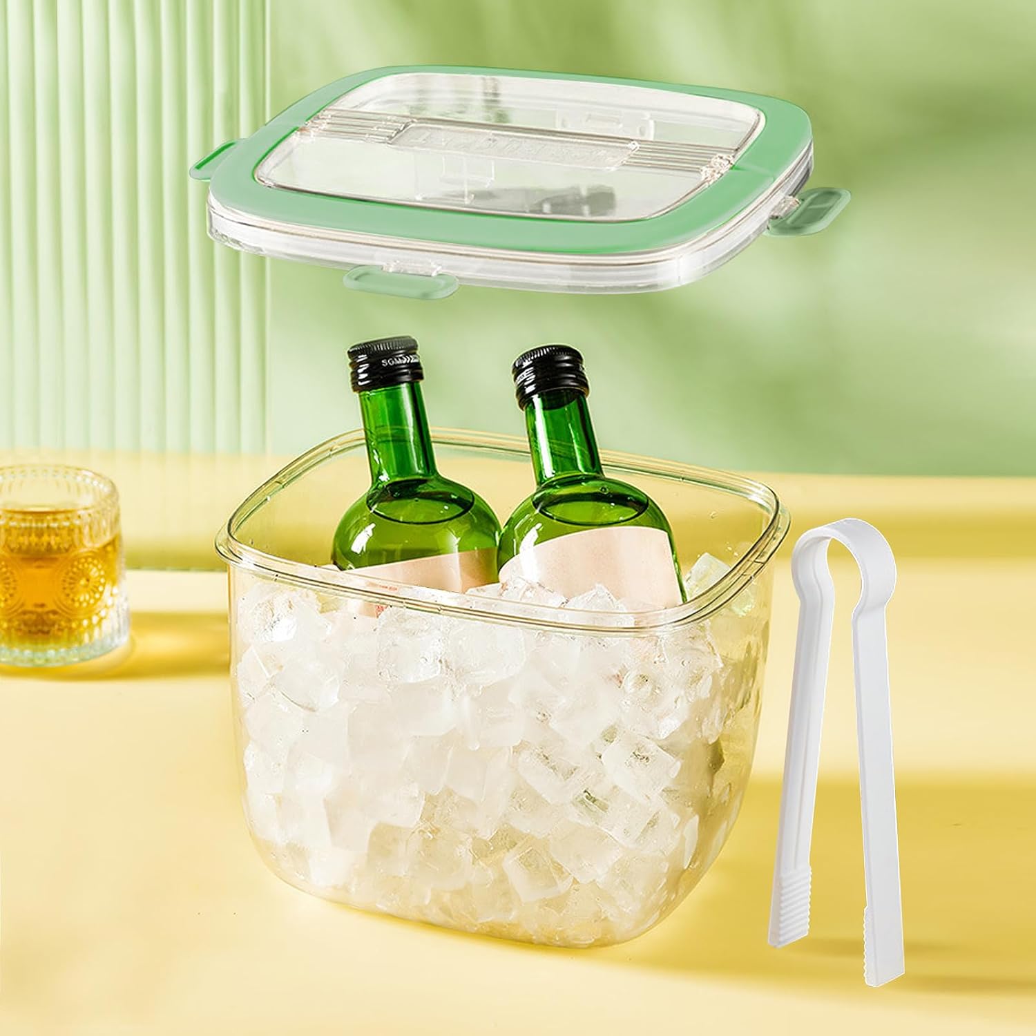 6.7L Portable Ice Bucket with Sealed Lid & Ice Tong, Ice Cube Storage Bin for Outdoor Camping, PP Clear Refrigerator Containers for Home Beverage Cooler for Whiskey Wine Beers Party