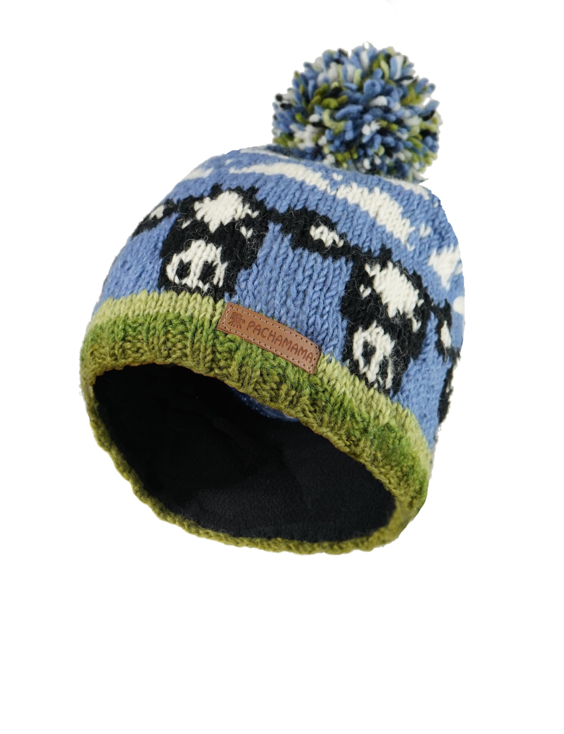 Pachamama Women Wool Bobble Beanie Hat Handknitted Dairy Cow Design Multicoloured One Size Handmade Extra Warm Fair Trade