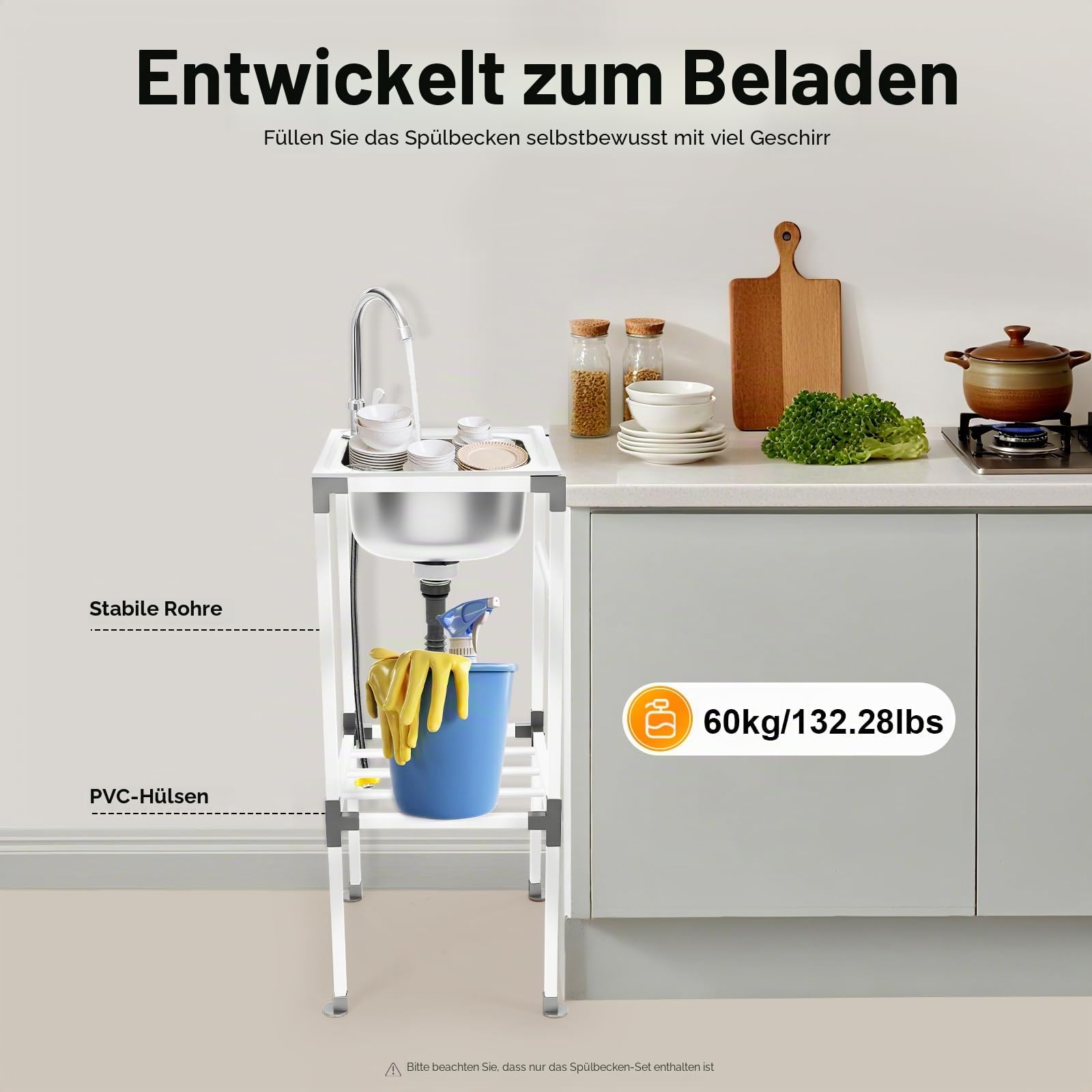 Freistehende Spülbecken,Einzelbecken-Spüle,Edelstahl-Spülbecken,Catering-Spüle mit 360 ° Drehbarer Wasserhahn,für den Innen- und Außenbereich, Garagen, Garten,38x33x83cm (38x33x83cm)