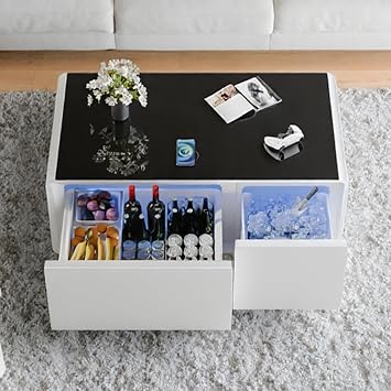 Smart Coffee Table with Fridge and Bluetooth, Smart Living Room Table with Frozen Drawers, Dual Speakers, 15W Wireless Charger, Touch Control, USB Ports, Atmosphere Light, LT90 Ultra-White