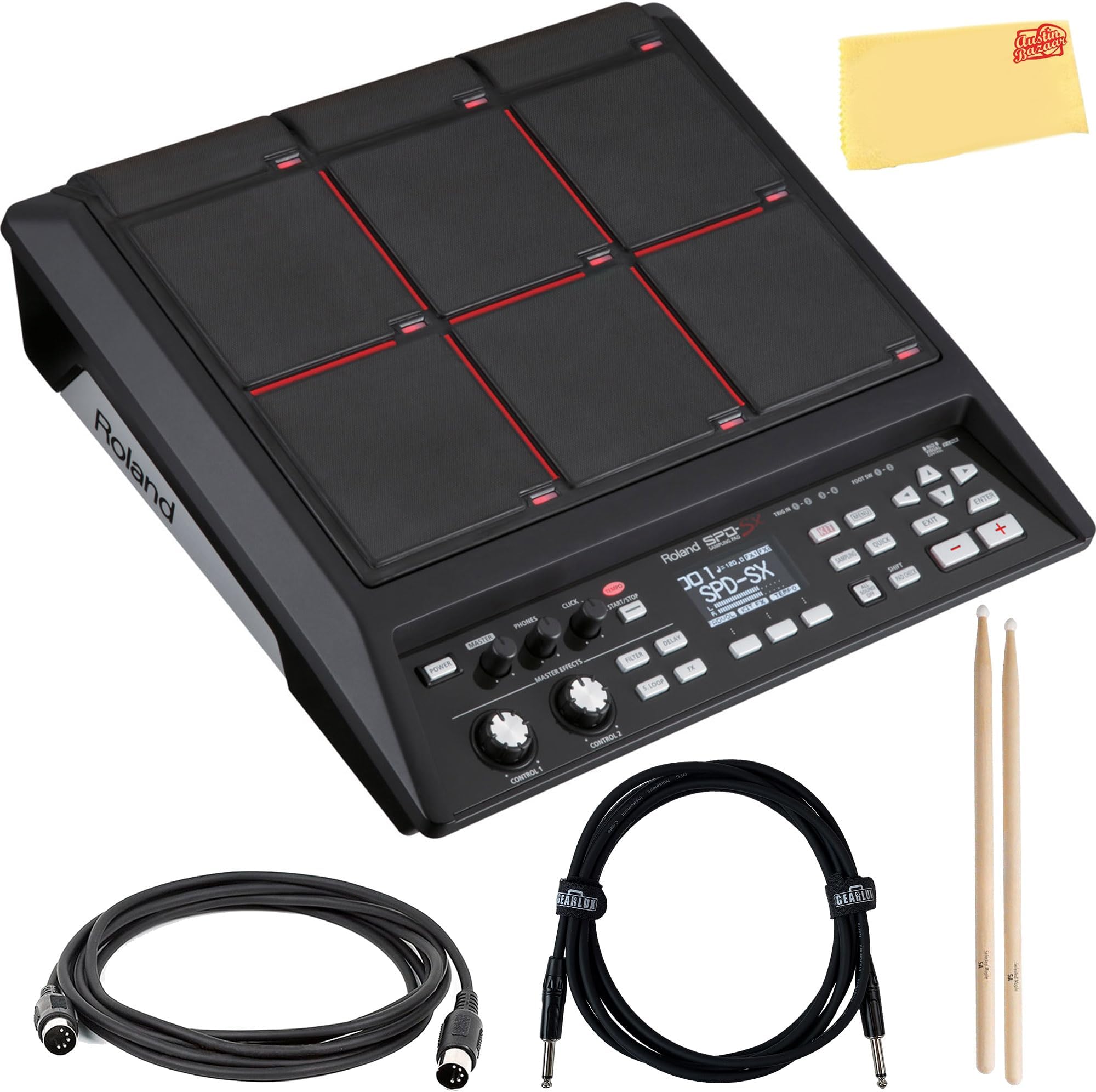 Roland SPD-SX Sampling Percussion Pad Bundle With Drumsticks, MIDI Cable, Instrument Cable, and Austin Bazaar Polishing Cloth