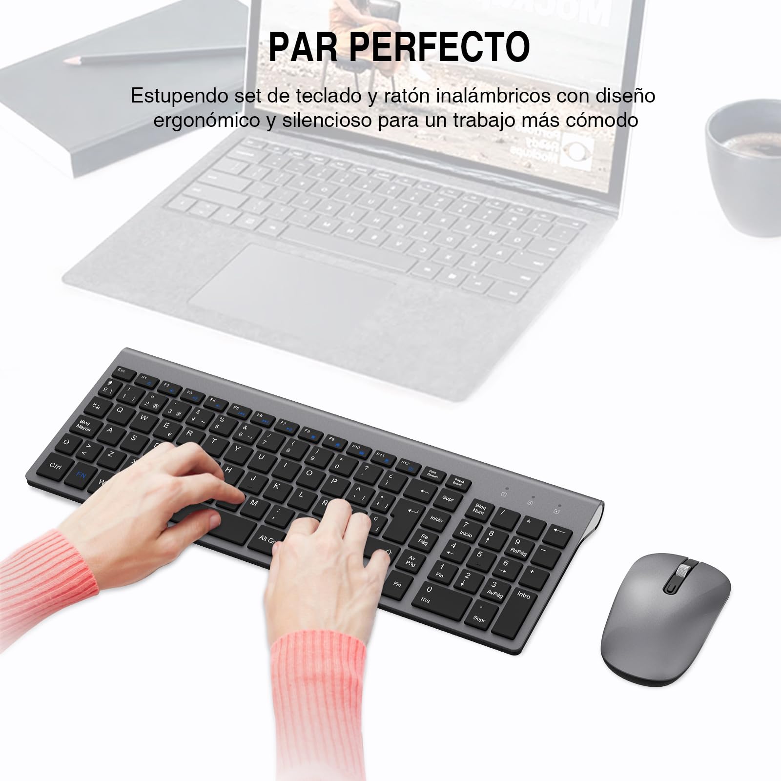 cimetech Teclado y Ratón Inalámbrico, 2.4G Combo Teclado Raton Inalambrico Español 2 en 1 USB Ultra Delgado Silencioso Mouse,Teclado y Ratón para PC/Laptops/Ordenador (Gris)
