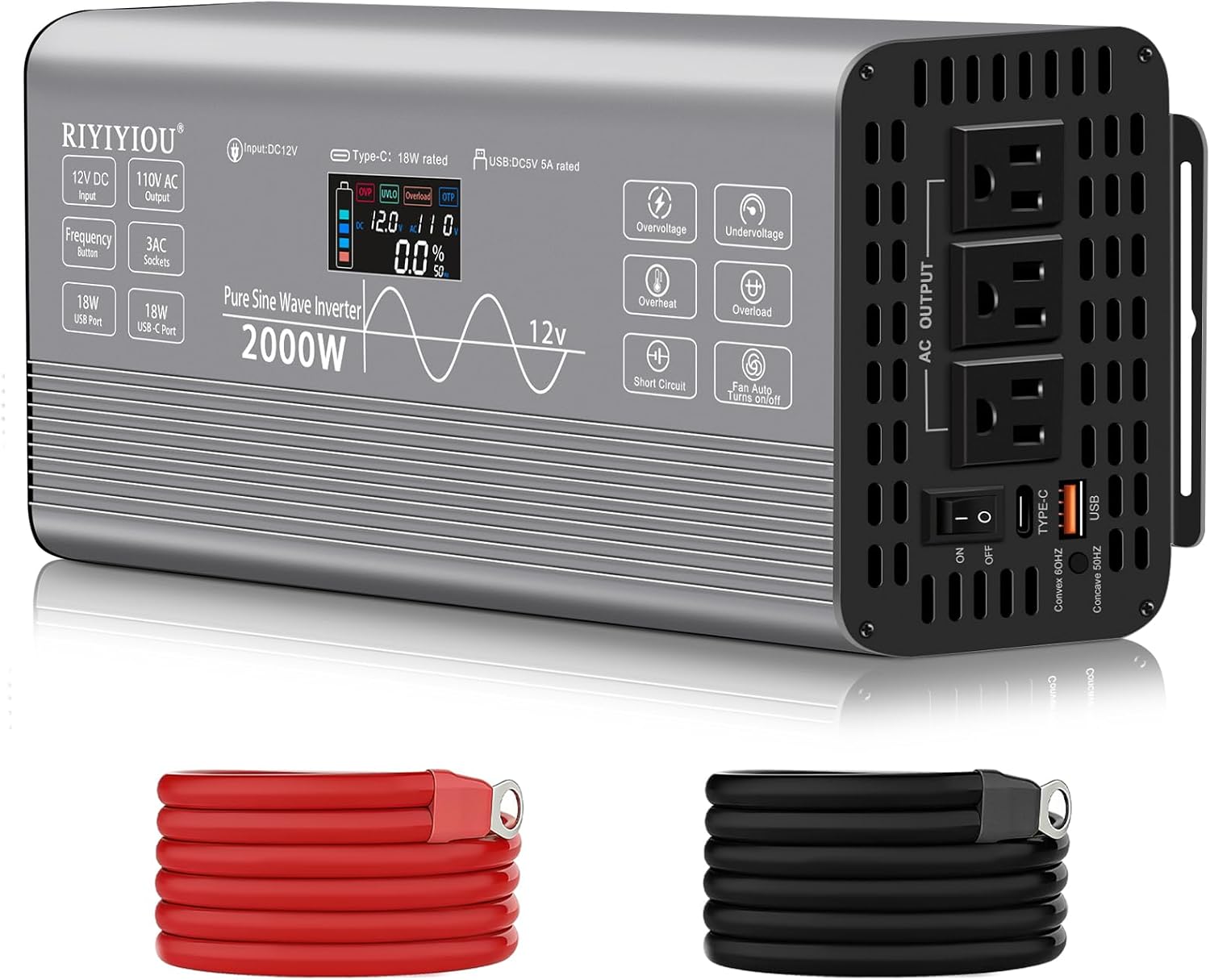 2000W Pure Sine Wave Inverter, 12V DC to 110V AC, 50Hz/60Hz Switchable, LCD Display, Type-C Fast Charging, Silent Design, Overload & Overheat Protection for RV, Home