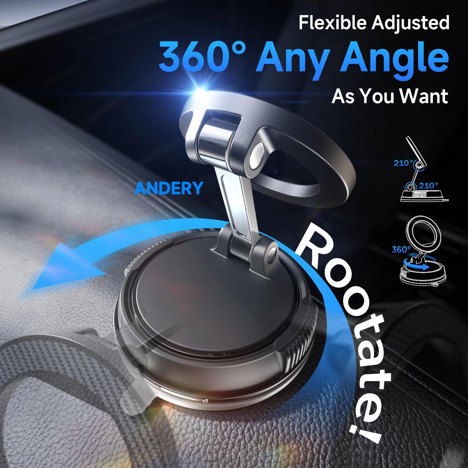 ANDERY Soporte para teléfono de coche para Magsafe [78+LBS de succión más fuerte y 2400gf magnético] Montura de teléfono de coche ajustable en 360°, soportes de teléfono para tu coche para iPhone 17