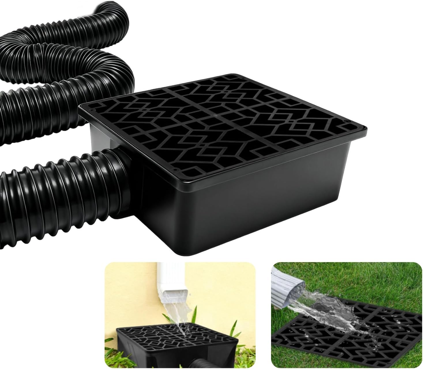 Binazon Low-Profile Downspout Extension with 10x10in Catch Basin - Flexible 6.5ft Drainage Pipe, French Drain Kit for Foundation Protection