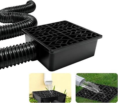 Rain Gutter Downspout Extensions with 1010in Catch Basin, Low-Profile Downspout Extender, Flexible Drainage Pipe Extends to 6.5ft, French Drain Kit & Rainwater Diverter for Foundation Protection
