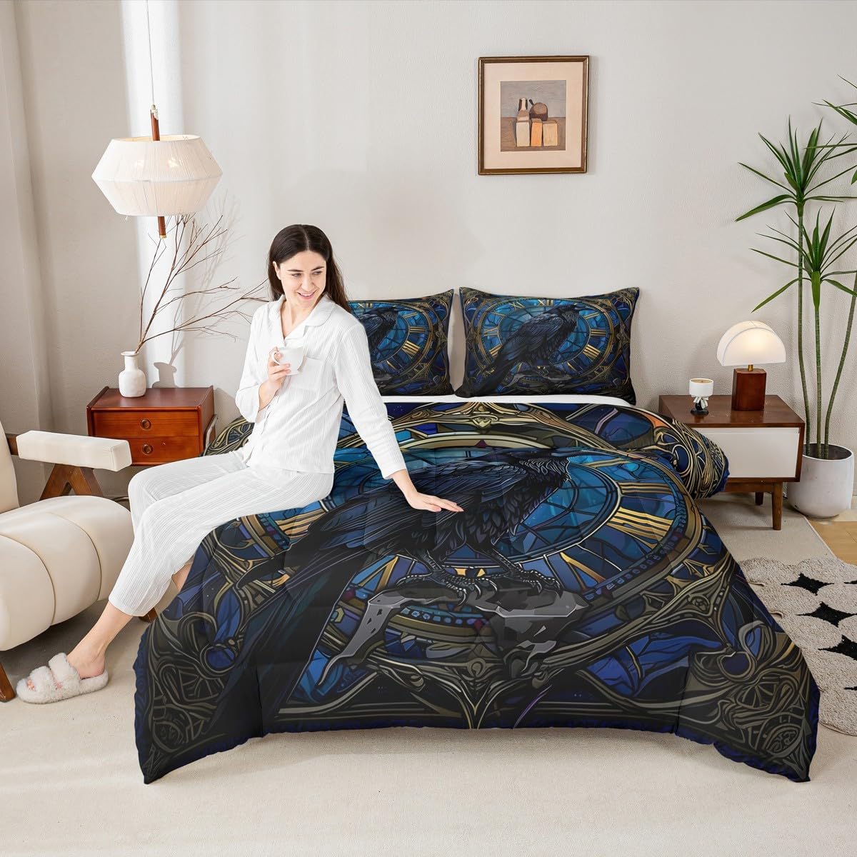 Erosebridal Exotic Raven Comforter Set Halloween Animal Queen Bedding Set for Kids Teen Adults,Black Gothic Crow Comforter Happy Halloween Holiday Quilt with 2 Pillow Cases