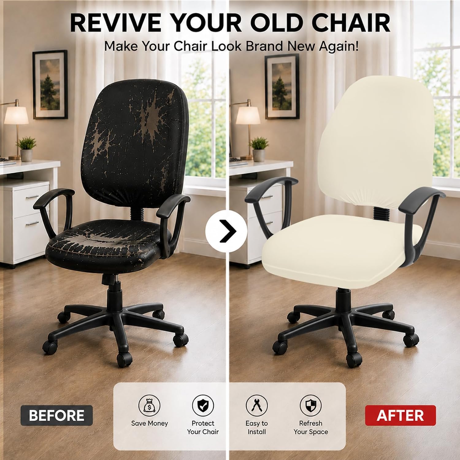 DIVA EN CAMINO DEC Stretchable Desk Office Chair Seat Covers - Universal Stretch Computer Chair Slipcover - Washable Rotating Backrest Coverings & Cushion Protectors for Dogs, Cats, Pets, Cream image 2