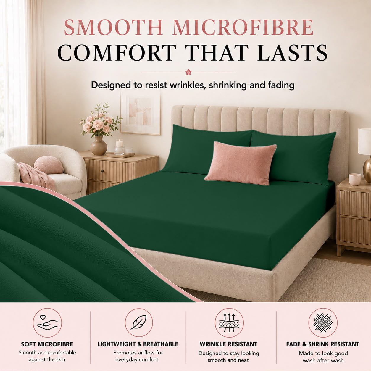 2 Pack King Microfibre Fitted Sheets 30cm Deep Bed Sheets, Emerald Green - Image 2