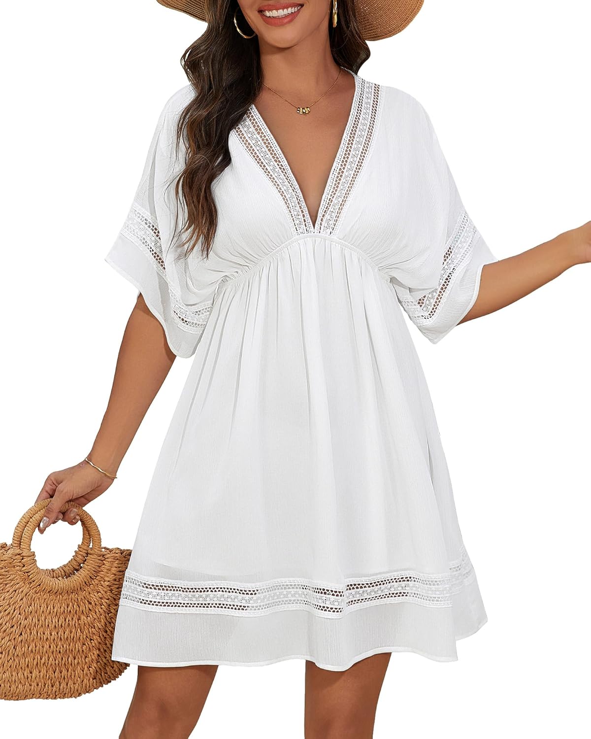 Bsubseach Women's Swimsuit Cover Ups Batwing Sleeve V Neck Crochet Beach Dress for Swimwear 2026 Summer Dresses
