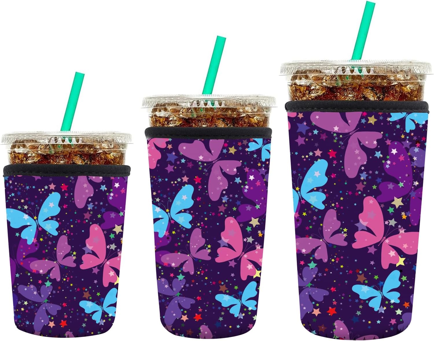 3 Pack Reusable Neoprene Insulator Sleeve for Iced Coffee Cups, Funny Coffee Cup Sleeves for 16-32oz Coffee cups, Cute Drink Sleeve for Cold Hot Beverages Cute Purple Butterfly