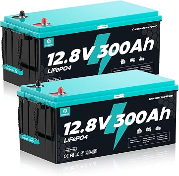 2Packs 12V 300Ah LiFePO4 Battery, 3840Wh Deep Cycle Lithium Battery, 200A BMS, 15000+ Cycles, Low-Temp Cutoff Protection, Lithium Battery for Solar, RV, Marine, Off Grid