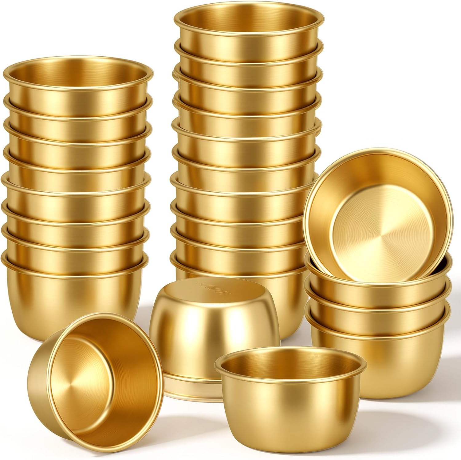 24Pcs Metal Sauce Cups Set - Mini Ramekins 2oz Stainless Steel Dipping Bowls for Ketchup Dressing Condiment, Gold Reusable Round Containers for Party Restaurant Home Kitchen Cooking