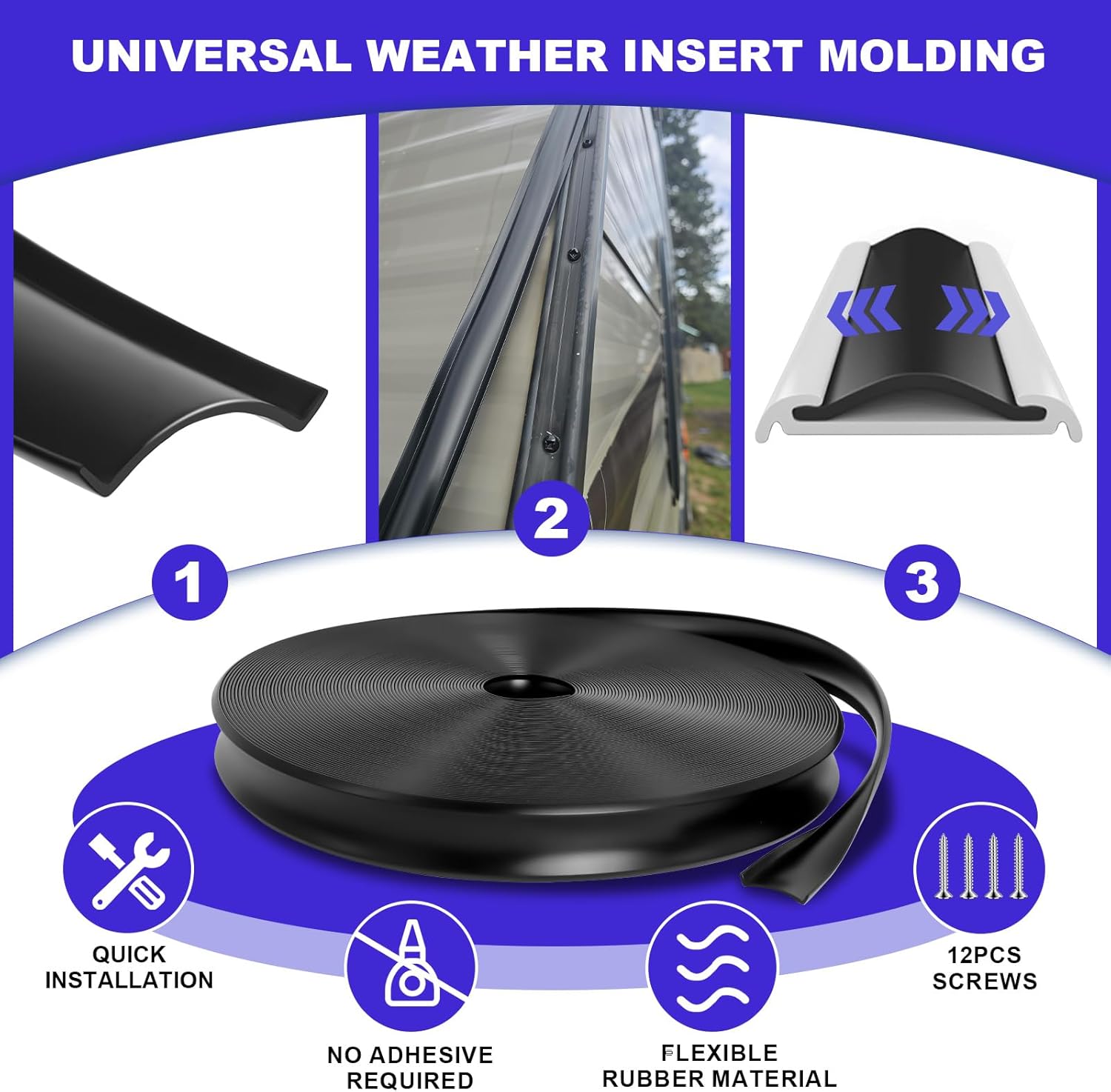 3/4" 100FT RV Vinyl Trim Insert with Screws - Durable Black Vinyl Molding for RV, Camper, Travel Trailer Exterior Screw Cover, Easy Install, Weather-Resistant Replacement Trim