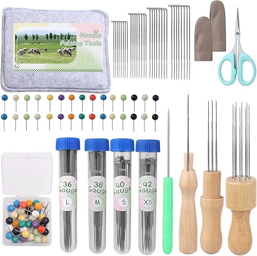 BAGERLA Kit de herramientas de fieltro de agujas de 118 piezas, herramientas de fieltro de lana con 80 agujas, 3 modelos, asas de madera,