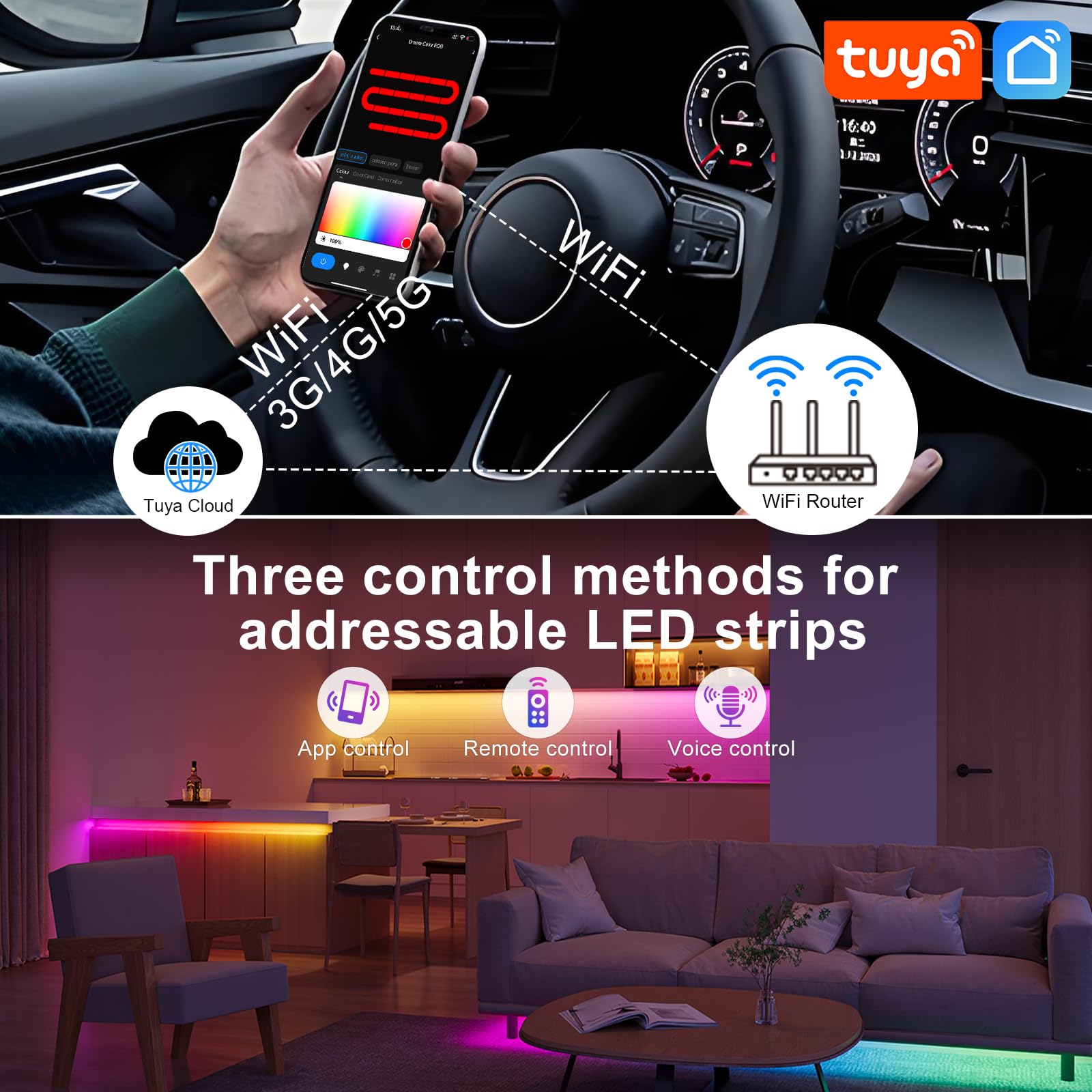 Striscia LED SMD RGB COB LED Wifi Set indirizzabile SPI RGB LED con app Tuya, Alexa Google Home controllo vocale musica Sync 2.4G RF telecomando cambia colore per camera soffitto TV