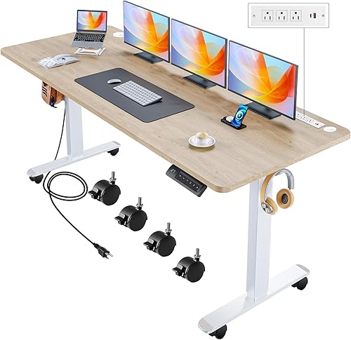 Vista 42 de Escritorio eléctrico de pie de altura ajustable, escritorio de pie de 55 x 24 pulgadas con salidas y 2 puertos USB, 4 ruedas, rango de elevación