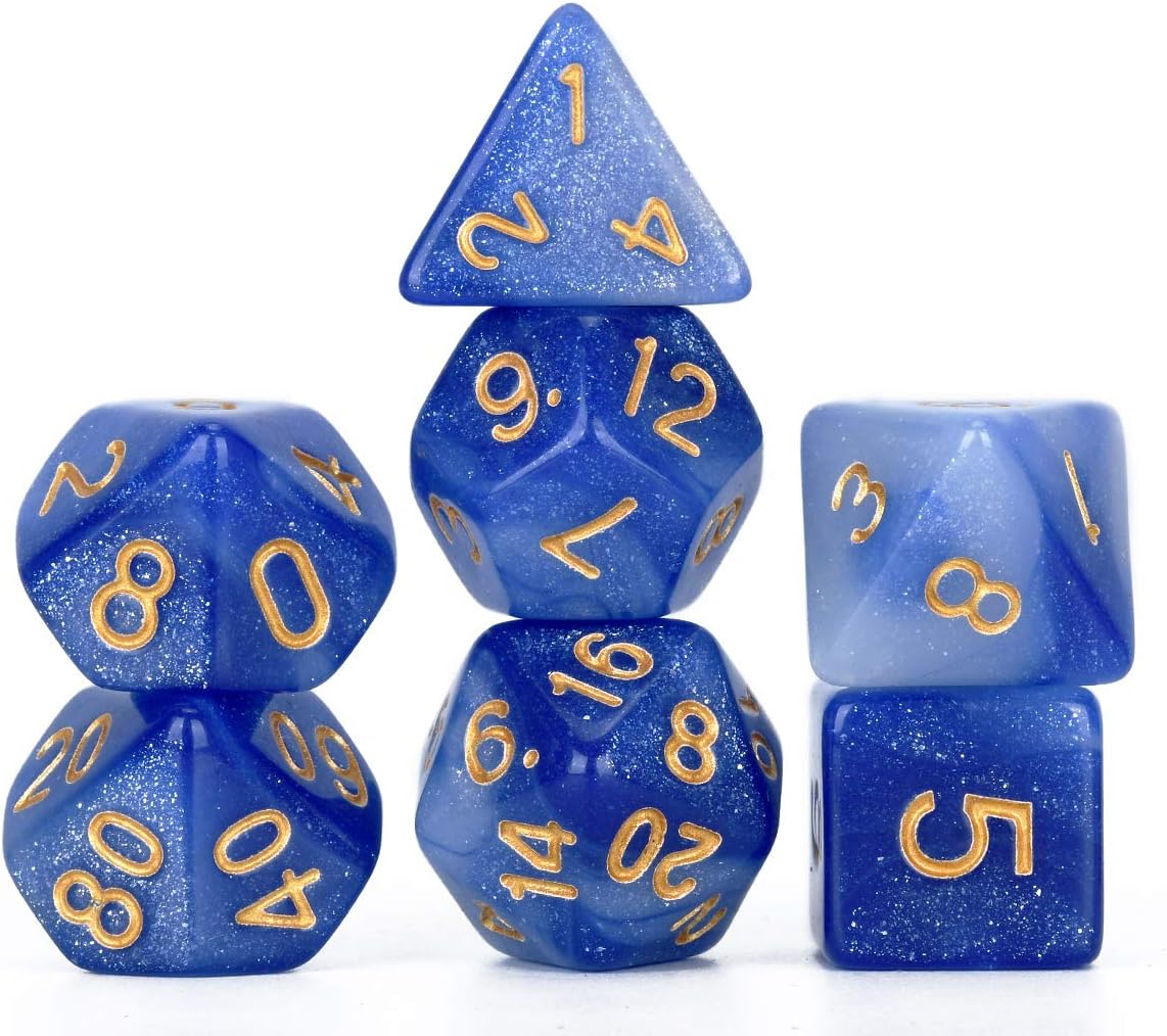 FLASHOWL Polyhedral Dice DND Dice Starry Sky Dices Milky Way Dice Games Table Games Dice Set D20, D12, D10, D8, D6, D4 and DND RPG MTG Dice Gaming Dice(7 Pieces Light Blue White)