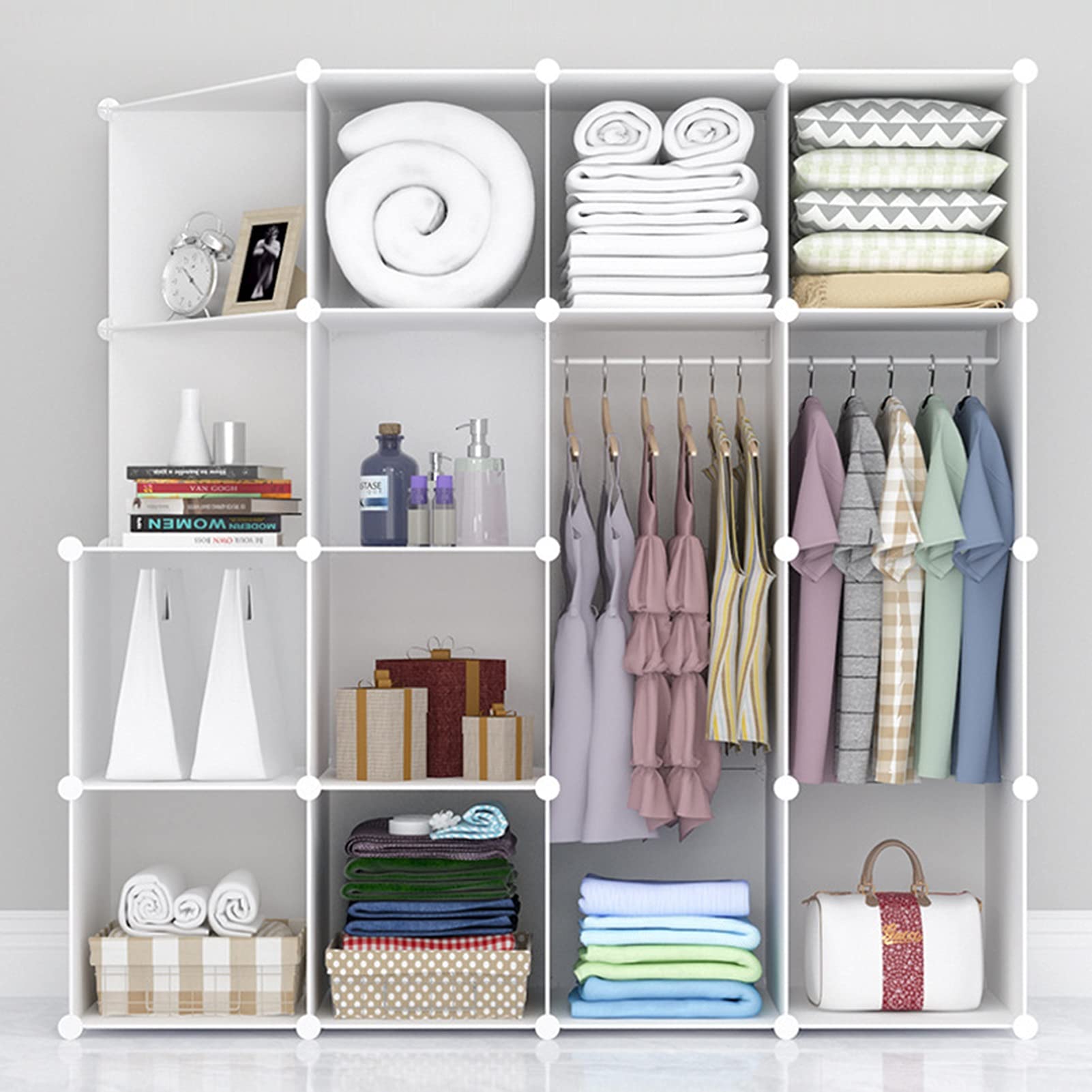 Kleiderschrank Mit Bücherregal-Kombination Tragbarer Kleiderschrank Schrankregal Aus Metallrahmen Und ABS-Harz Kann In Wohnzimmer, Schlafzimmer, Arbeitszimmer, Eingang, Büro Verwendet Werden