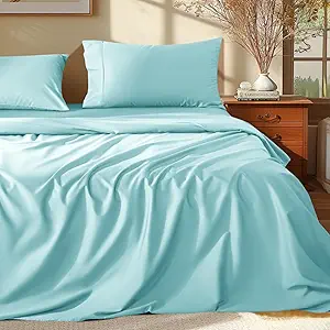 Shilucheng 100% Egyptian Cotton Queen Size Sheets Set - 1000 Thread Count，Luxury Cotton Bed Sheets，Breathable & Cooling Bedding and Pillow Cases, 16 Inch Deep Pocket - 4 Piece (Spa Blue, Queen)