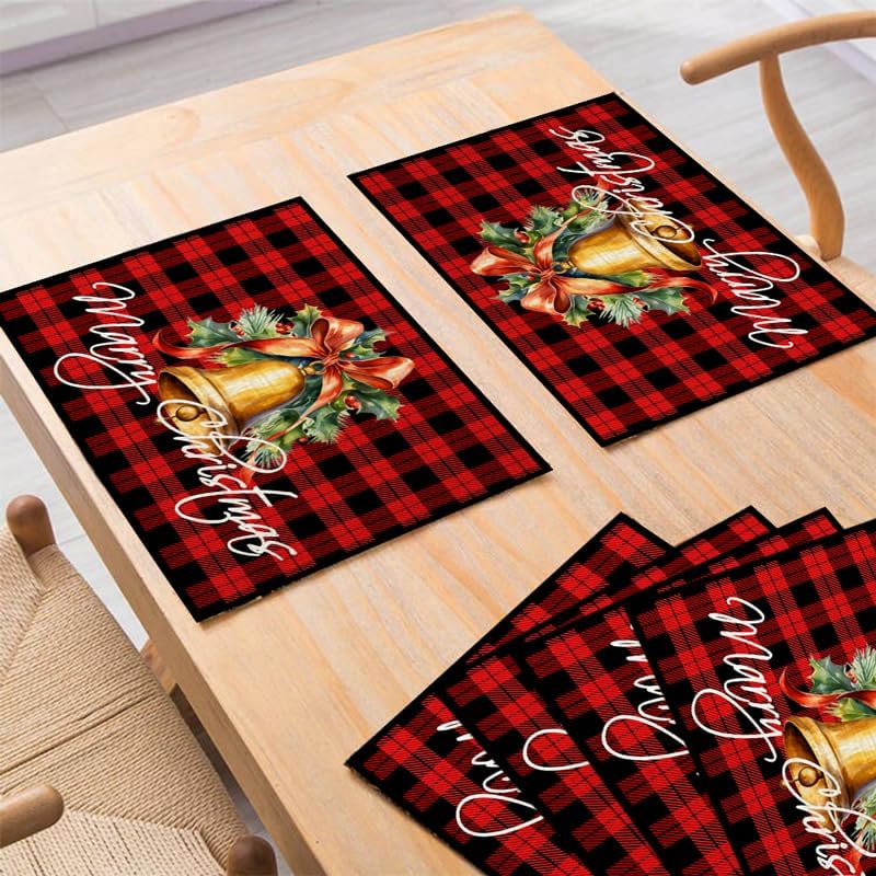 Miniatura 2 de Juego de 6 manteles individuales de Navidad con estampado a cuadros de búfalo rojo para mesa de comedor, regalo de invierno, manteles individuales
