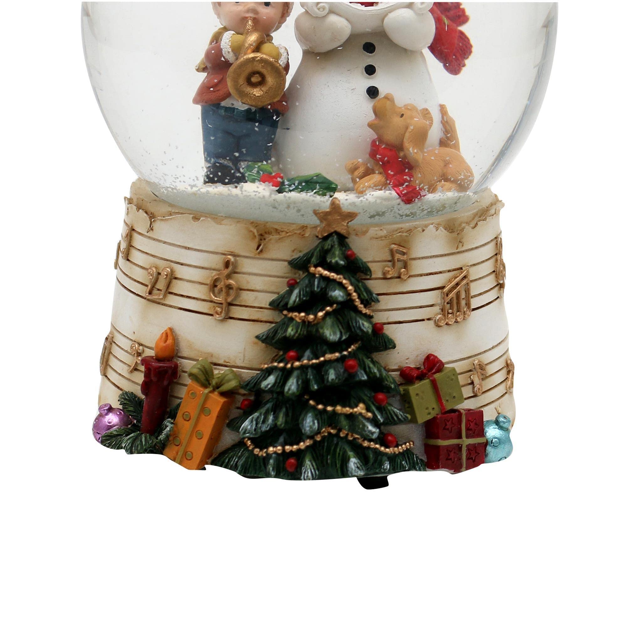 Dekohelden24 Bola de Nieve – Muñeco de Nieve con niño y Trompeta – sobre Base con Notas Musicales y Mecanismo Musical, melodía: Oh du Alegre, Dimensiones H/B/Bola: 14,5 x 10,5 cm 10 cm. 501869
