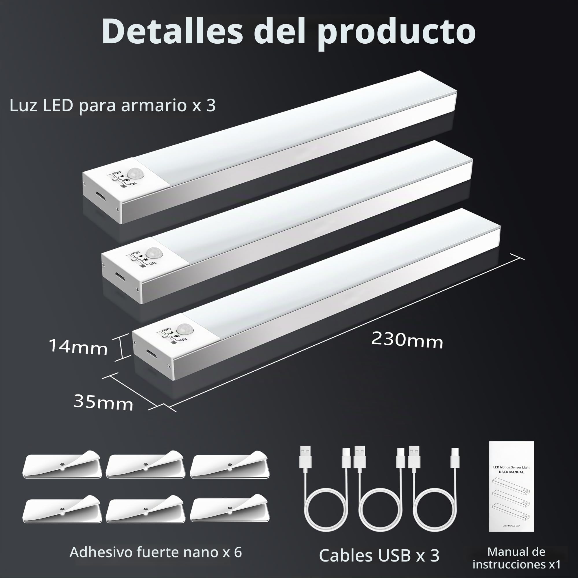 Luz LED Armario con Sensor Movimiento, 23CM Led Cocina Bajo Mueble 5000K USB Recargable 1000mAh, Luz LED Adhesiva para Cocina, Armario, Escalera, Pasillo, Garaje-3 Piezas