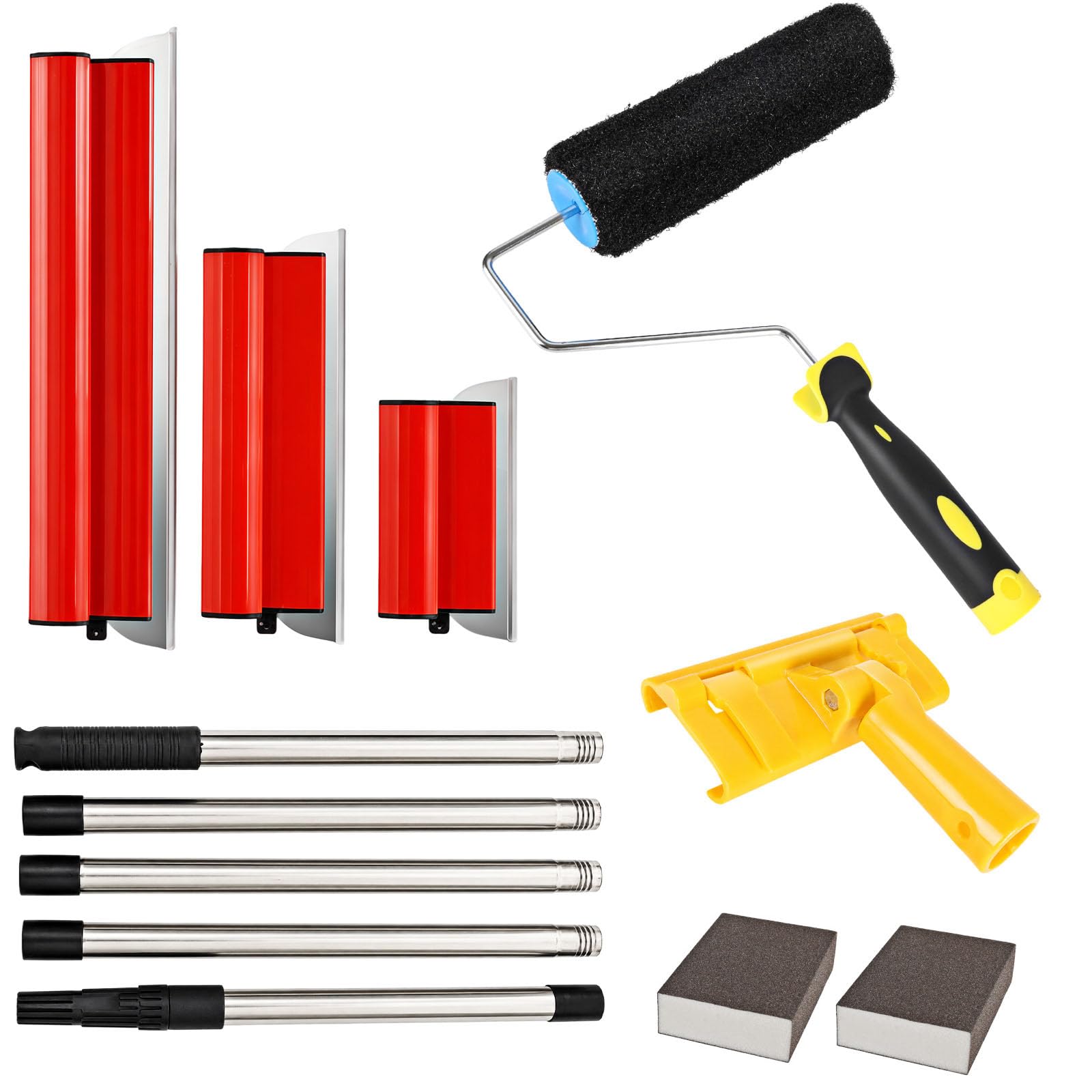 Drywall Skimming Blade Set, 25cm/40cm/60cm Stainless Steel Skimming Spatula Plastering Tools with 5 Extension Poles, Professional Smoothing Spatula with Plaster Roller for Walls and Ceilings