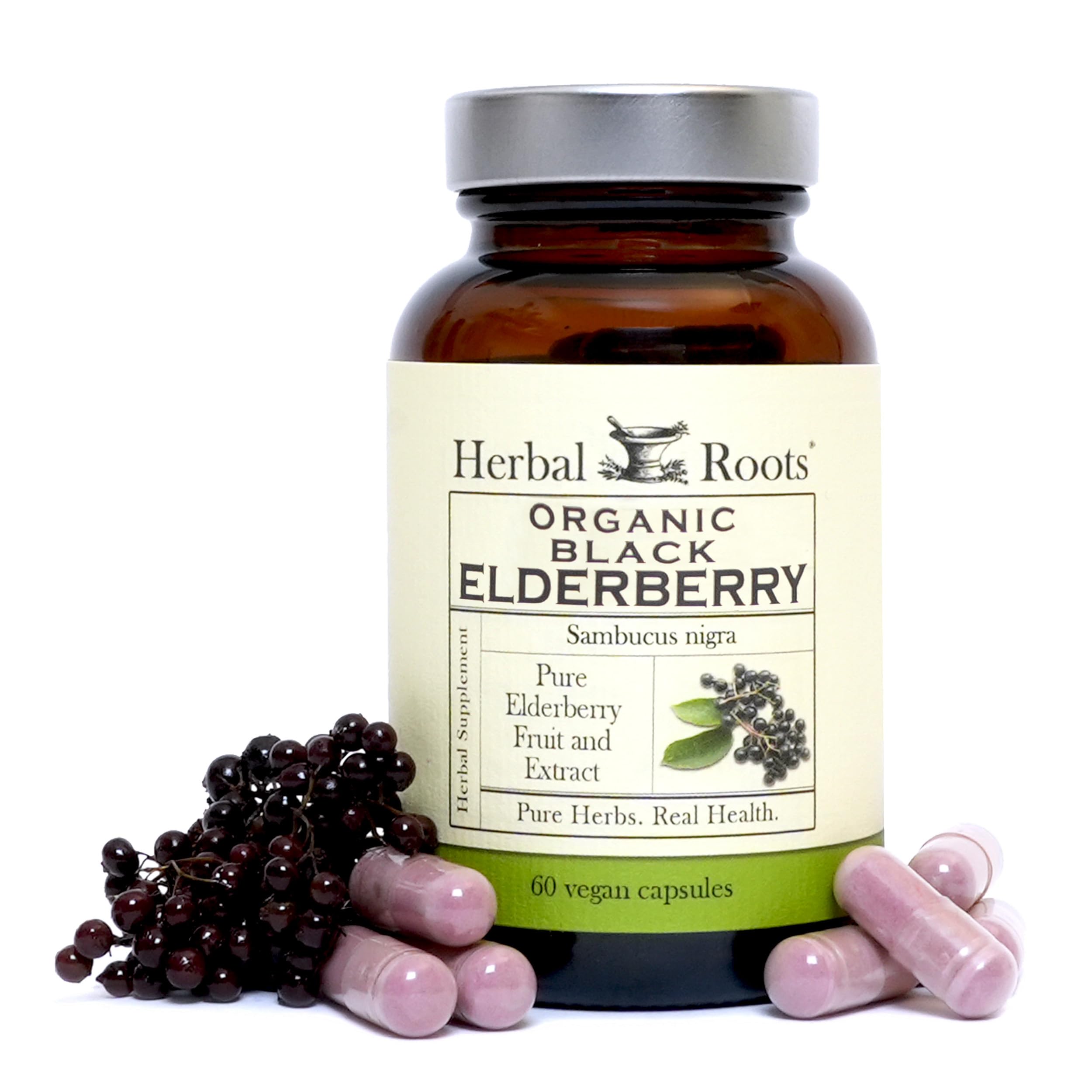 Herbal Roots Organic Black Elderberry Capsules | Max Strength | Made with Organic Sambucus | 60 Vegan Capsules