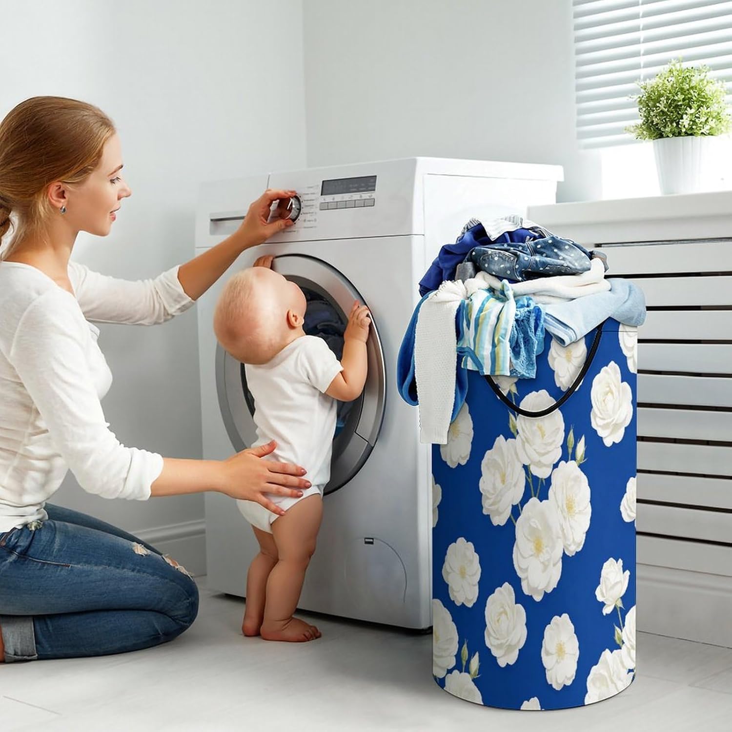 Oxford Blue And White Flowers Laundry Hamper Portable Lightweight Clothes Hampers Fashion Dirty Laundry Storage Basket Large Capacity Foldable Clothes Baskets for Bathroom Bedroom